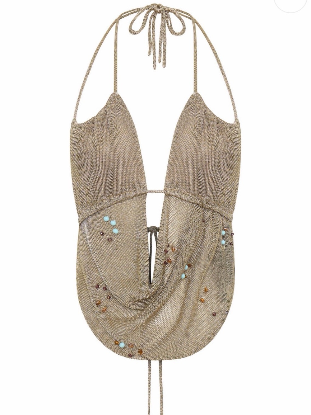 White Fox Boutique Metallic Gold Drape Halter Top with Turquoise Bead Accents